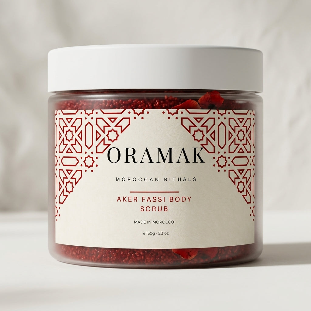 Gommage ORAMAK Aker Fassi eclat rose grenade 200g pot transparent